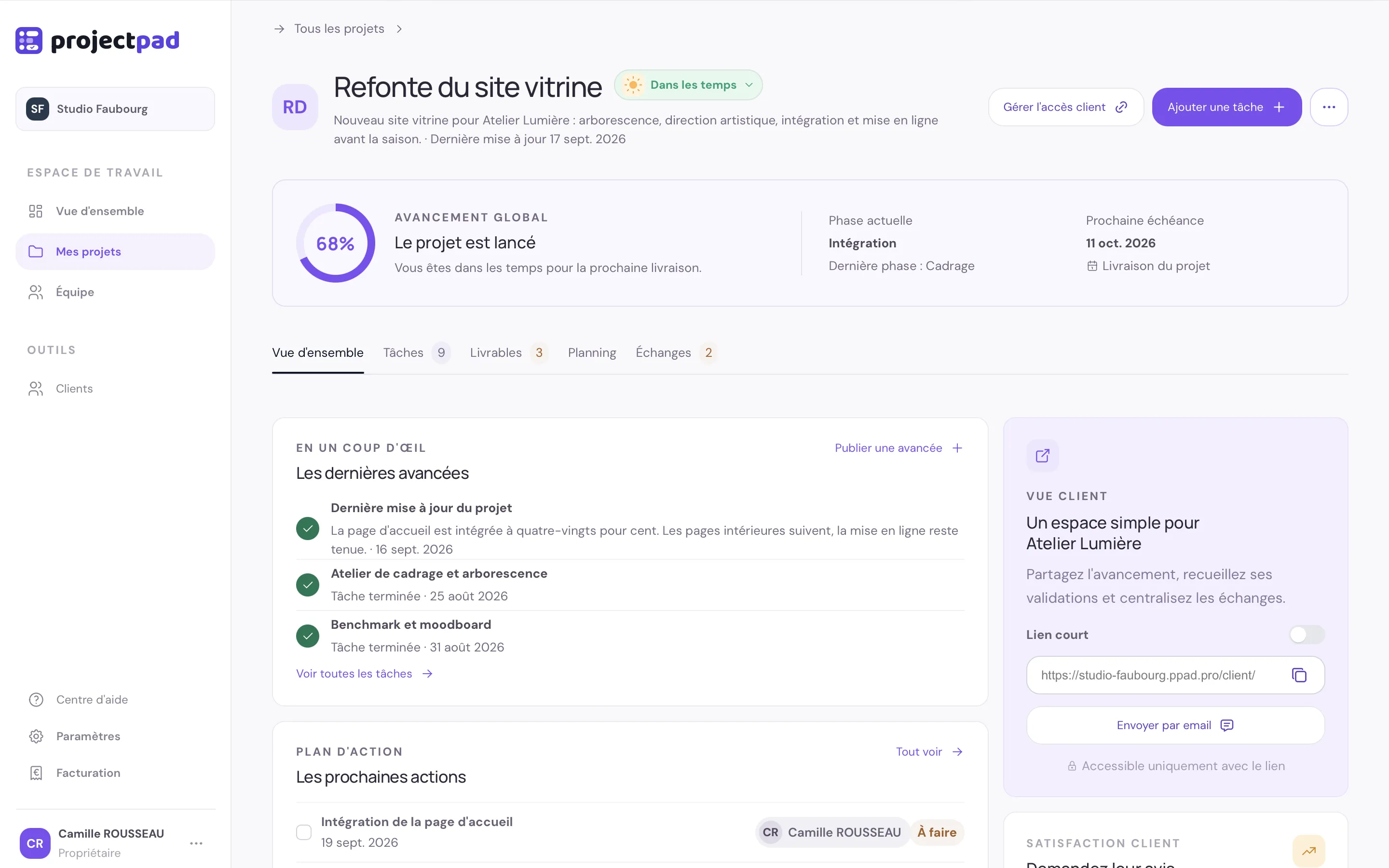La vue d'ensemble d'un projet dans ProjectPad : avancement, météo, dernières avancées et prochaines actions
